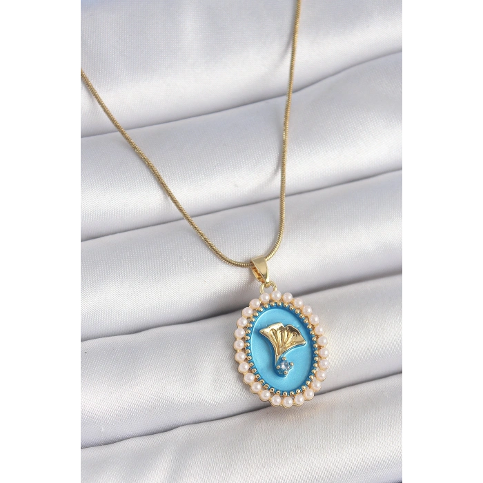 Erb 316L Çelik Gold Renk Zincir Mavi Mineli İncili Zirkon Taşlı Çiçek İşlemeli Portre Model Kadın Kolye