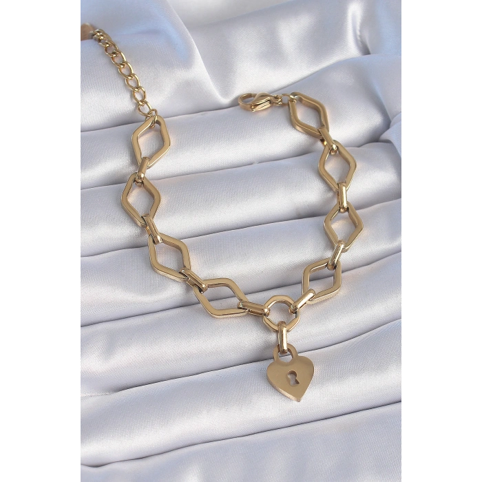 Erb 316L Çelik Gold Renk Zincir Model Kilit Kalp Figür Kadın Bileklik