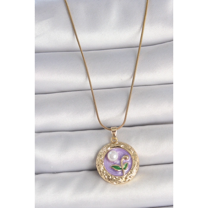 Erb 316L Çelik Gold Renk Zincir Mor Çiçek İşlemeli İnci Detay Potre Model Kadın Kolye