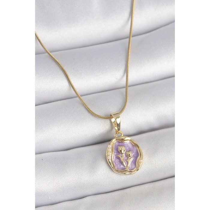 Erb 316L Çelik Gold Renk Zincir Mor Mineli Çiçek İşlemeli Portre Model Kadın Kolye
