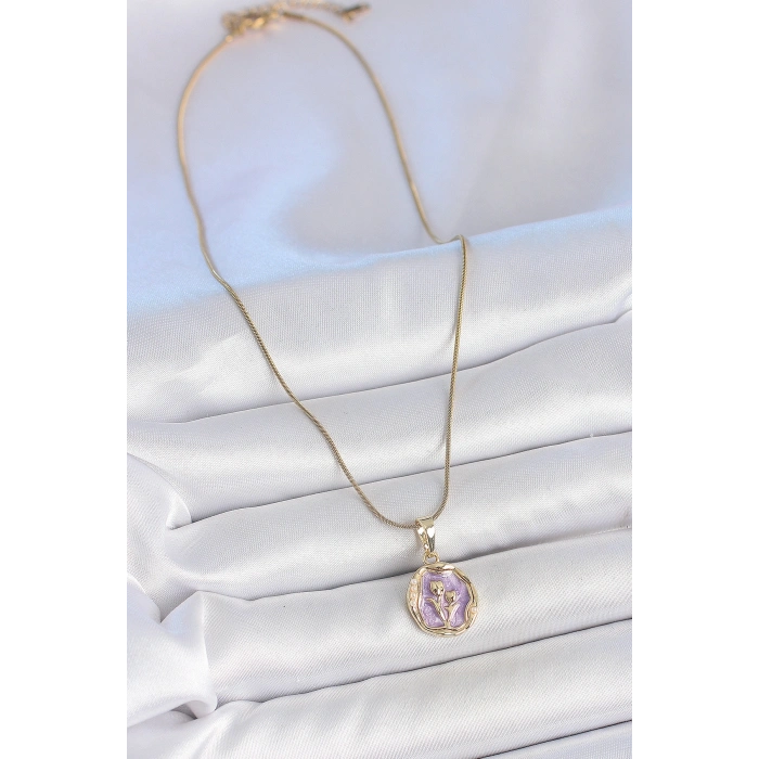 Erb 316L Çelik Gold Renk Zincir Mor Mineli Çiçek İşlemeli Portre Model Kadın Kolye