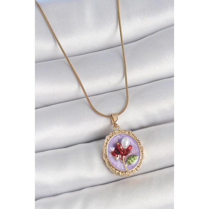 Erb 316L Çelik Gold Renk Zincir Mor Mineli İncili Çiçek İşlemeli Portre Model Kadın Kolye