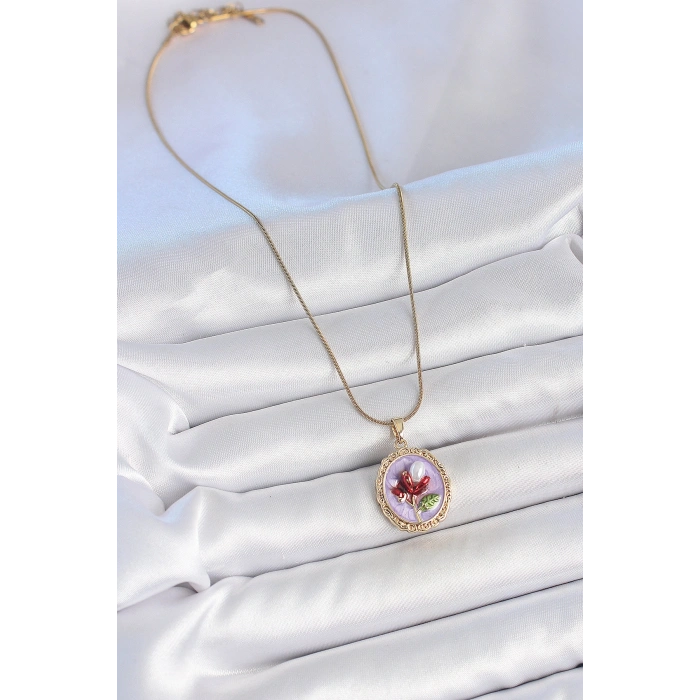 Erb 316L Çelik Gold Renk Zincir Mor Mineli İncili Çiçek İşlemeli Portre Model Kadın Kolye