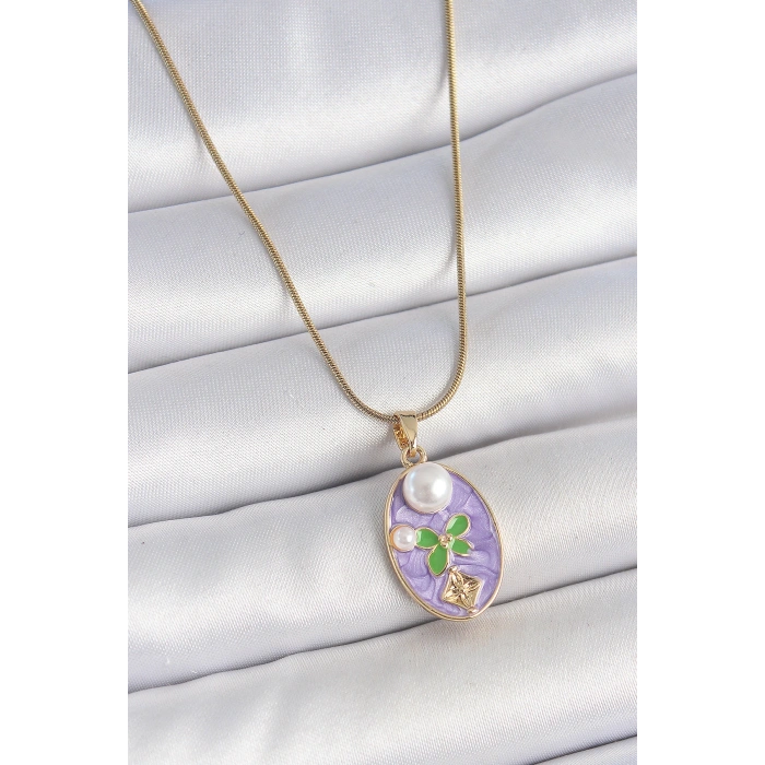 Erb 316L Çelik Gold Renk Zincir Mor Mineli Oval İncili Çiçek İşlemeli Portre Model Kadın Kolye