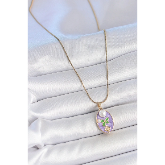Erb 316L Çelik Gold Renk Zincir Mor Mineli Oval İncili Çiçek İşlemeli Portre Model Kadın Kolye