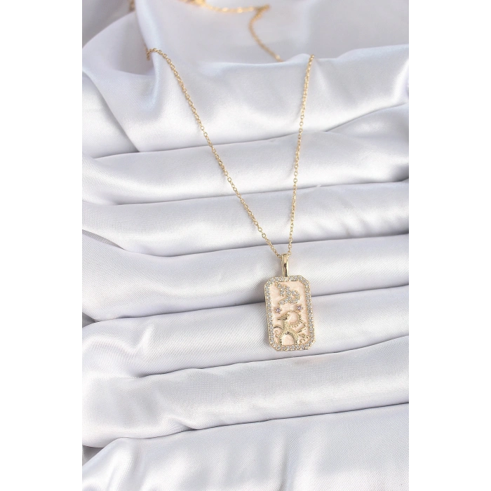 Erb 316L Çelik Gold Renk Zincir Oğlak Burcu Zirkon Taşlı Kadın Kolye