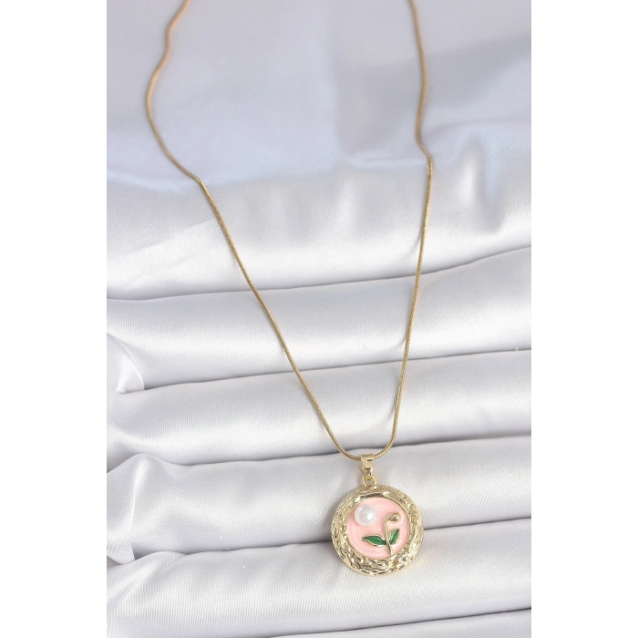 Erb 316L Çelik Gold Renk Zincir Pembe Çiçek İşlemeli Inci Detay Portre Model Kadın Kolye