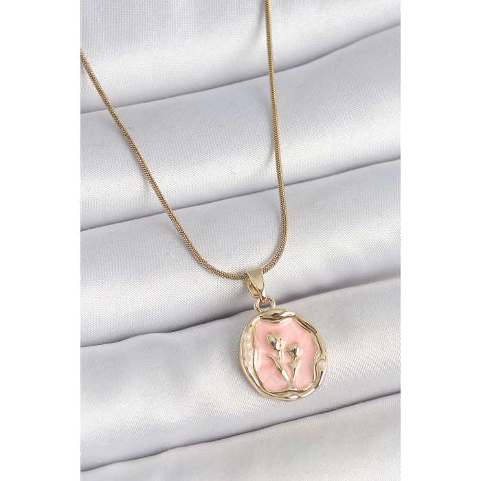 Erb 316L Çelik Gold Renk Zincir Pembe Mineli Çiçek İşlemeli Portre Model Kadın Kolye