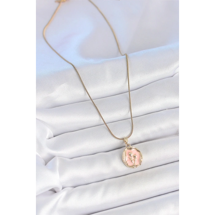 Erb 316L Çelik Gold Renk Zincir Pembe Mineli Çiçek İşlemeli Portre Model Kadın Kolye