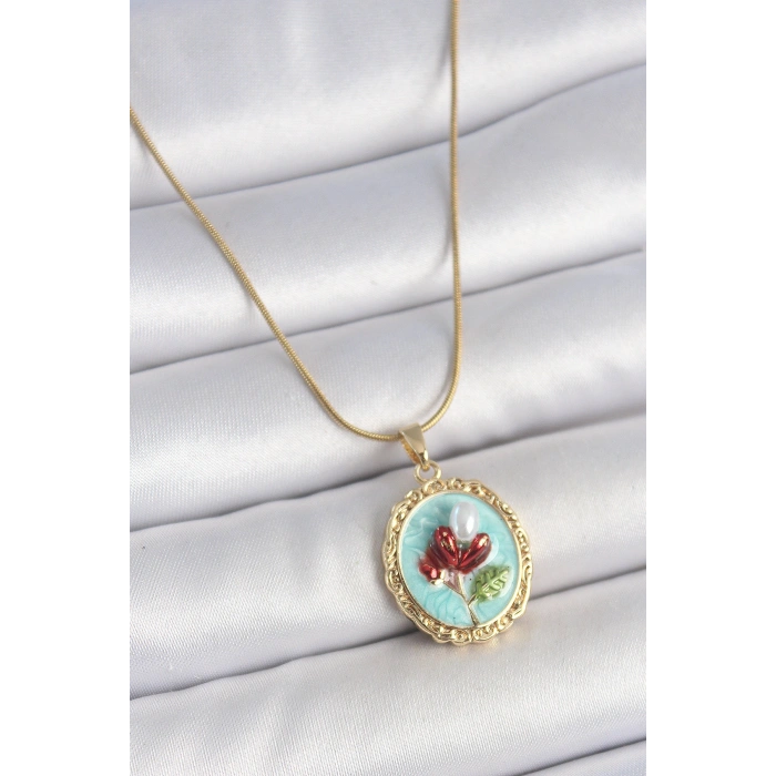 Erb 316L Çelik Gold Renk Zincir Turkuaz Mineli İncili Çiçek İşlemeli Portre Model Kadın Kolye