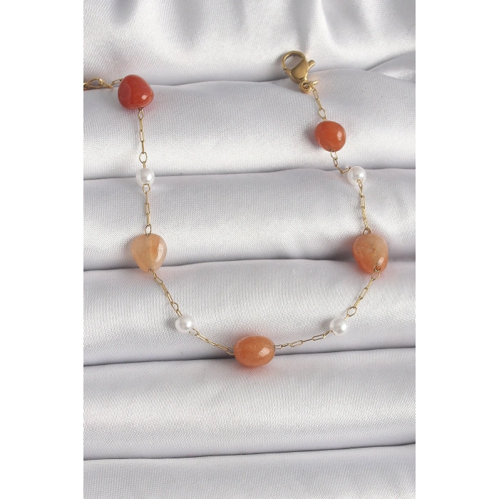 Erb 316L Çelik Gold Renk Zincir Turuncu Doğaltaş Model İnci Detay Kadın Bileklik