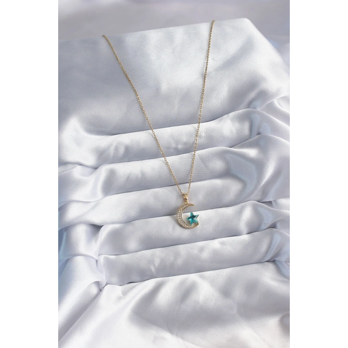 Erb 316L Çelik Gold Renk Zincir Zirkon Taş Detay Hilal Yıldızı Figür Kadın Kolye