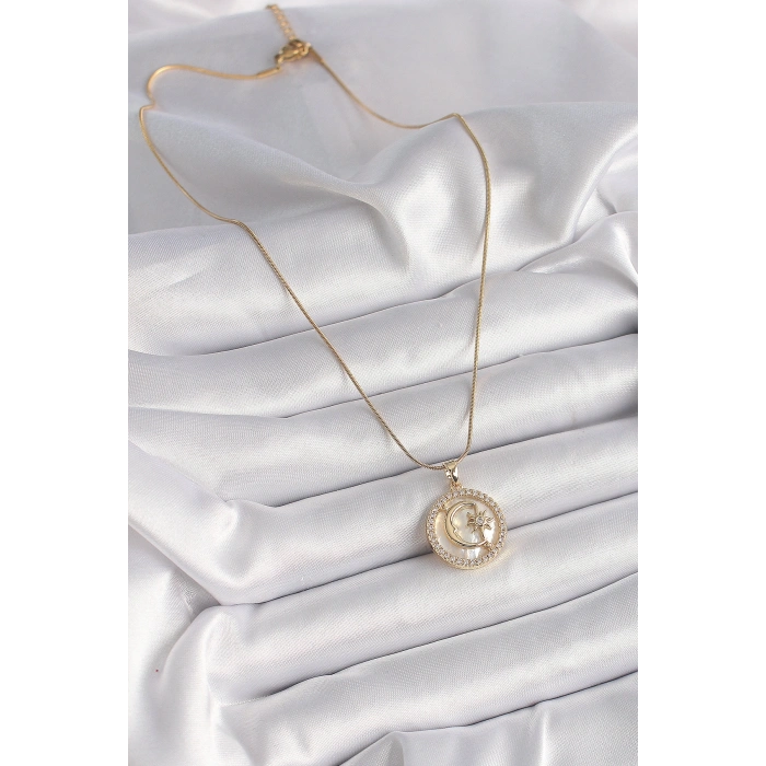 Erb 316L Çelik Gold Renk Zincir Zirkon Taş Detaylı Beyaz Sedefli Ay Yıldız Model Kadın Kolye