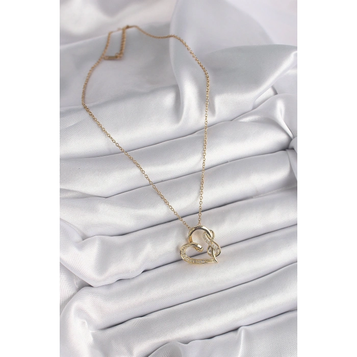 Erb 316L Çelik Gold Renk Zincir Zirkon Taş Detaylı Kalp Model Sonsuzluk Detay Kadın Kolye