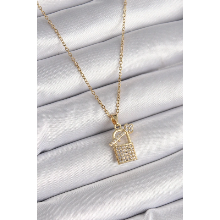 Erb 316L Çelik Gold Renk Zincir Zirkon Taşlı Asma Kilit Anahtar Model Kadın Kolye