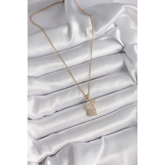Erb 316L Çelik Gold Renk Zincir Zirkon Taşlı Asma Kilit Anahtar Model Kadın Kolye