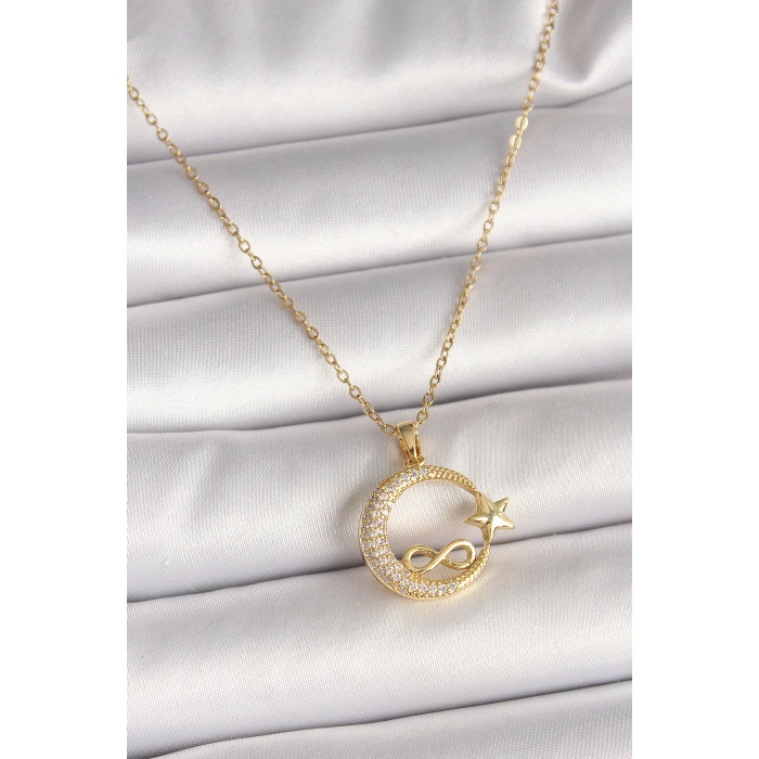 Erb 316L Çelik Gold Renk Zincir Zirkon Taşlı Ay Yıldız Model Sonsuzluk Detay Kadın Kolye