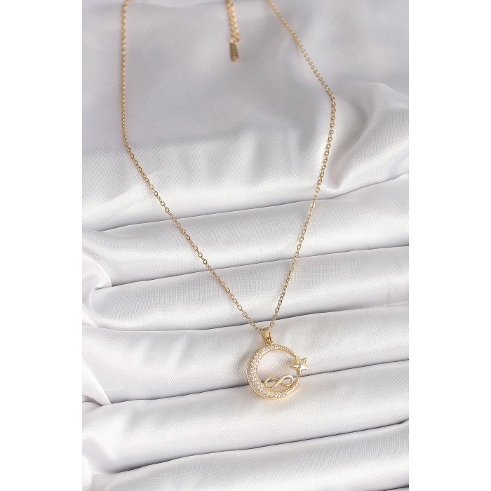 Erb 316L Çelik Gold Renk Zincir Zirkon Taşlı Ay Yıldız Model Sonsuzluk Detay Kadın Kolye