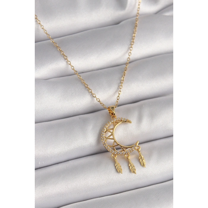 Erb 316L Çelik Gold Renk Zincir Zirkon Taşlı Hilal Model Sallantı Yaprak Detay Kadın Kolye