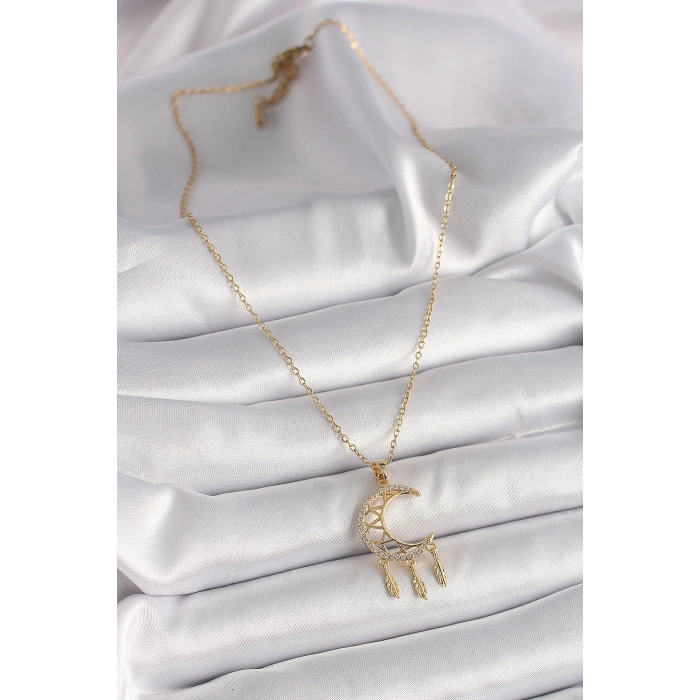 Erb 316L Çelik Gold Renk Zincir Zirkon Taşlı Hilal Model Sallantı Yaprak Detay Kadın Kolye