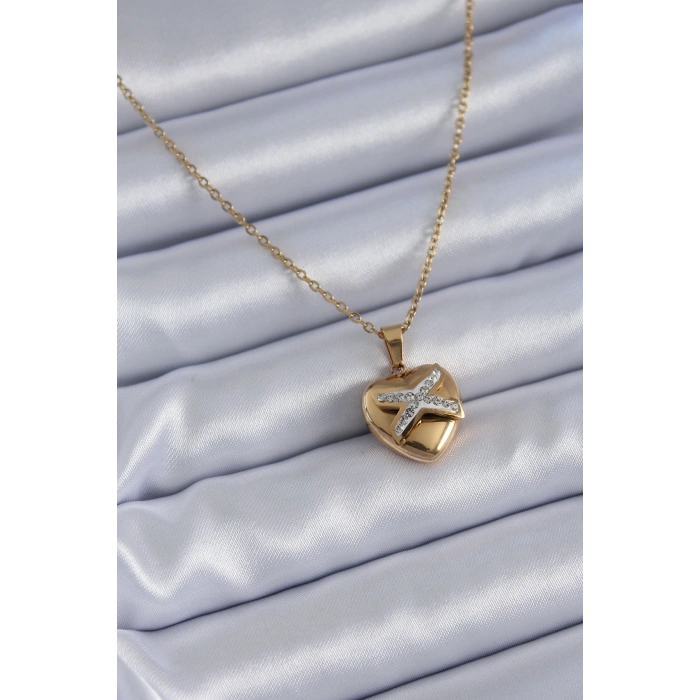 Erb 316L Çelik Gold Renk Zirkon Detay Kalp Model Kadın Kolye