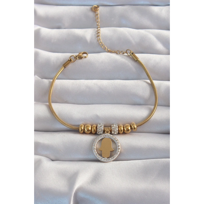 Erb 316L Çelik Gold Renk Zirkon Taş Aksesuarlı Fatma Ana Eli Bileklik