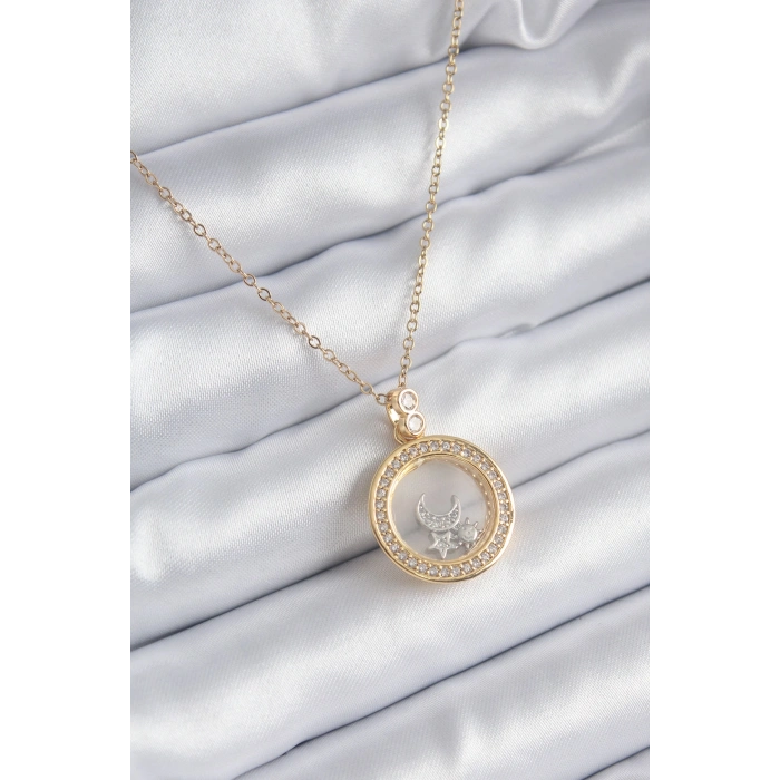 Erb 316L Çelik Gold Renk Zirkon Taş Detay Ay Yıldız Fanus Model Kadın Kolye