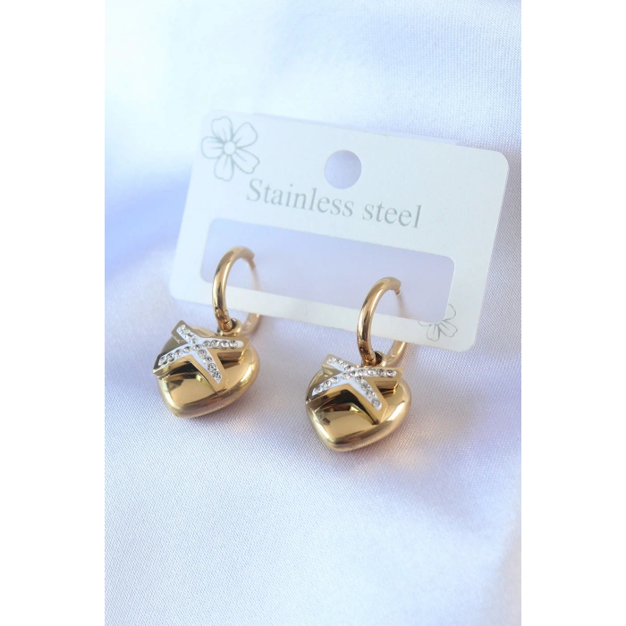 Erb 316L Çelik Gold Renk Zirkon Taş Detay Kalp Model Kadın Küpe