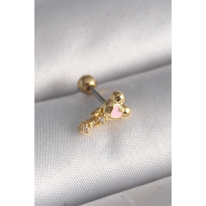 Erb 316L Çelik Gold Renk Zirkon Taş Detay Pembe Kalp İşleme Tragus Piercing