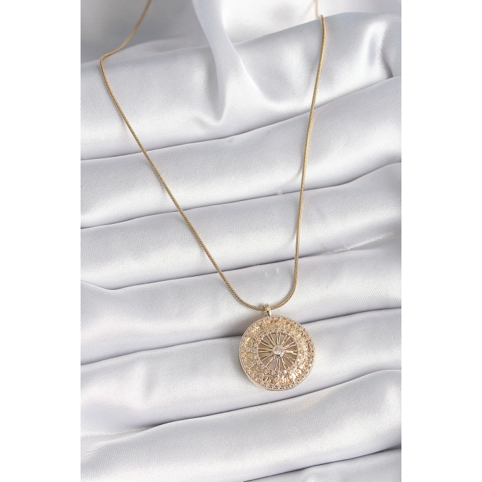 Erb 316L Çelik Gold Renk Zirkon Taşlı 12 Burç Madalyon Model Kadın Kolye