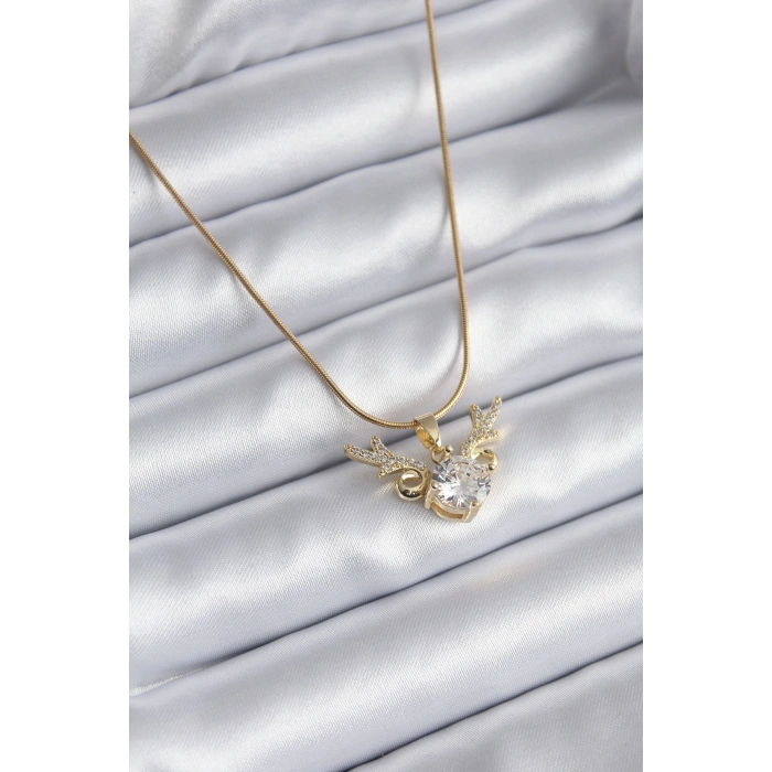 Erb 316L Çelik Gold Renk Zirkon Taşlı Boynuz Model Kadın Kolye