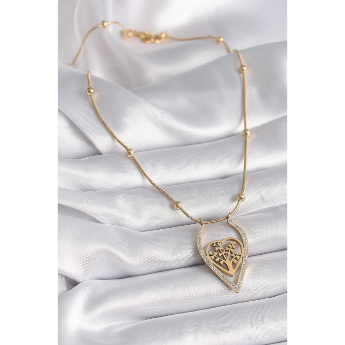 Erb 316L Çelik Gold Renk Zirkon Taşlı Detaylı Kalp Fidan Model Kadın Kolye