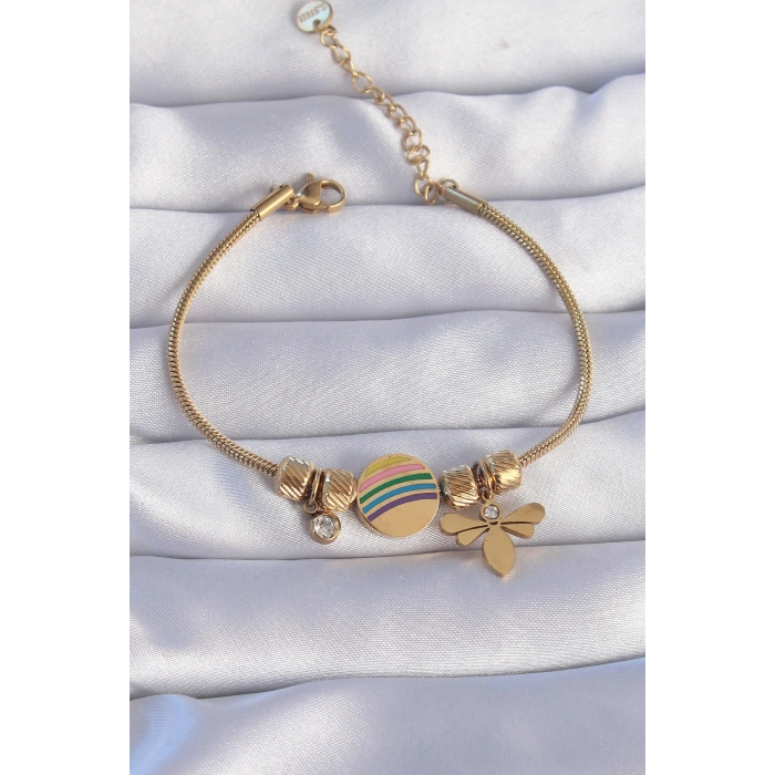 Erb 316L Çelik Gold Renk Zirkon Taşlı Gökkuşağı Tasarımlı Yusufçuk Bileklik