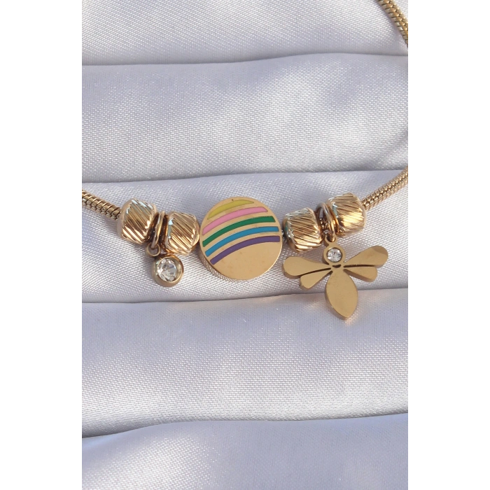 Erb 316L Çelik Gold Renk Zirkon Taşlı Gökkuşağı Tasarımlı Yusufçuk Bileklik