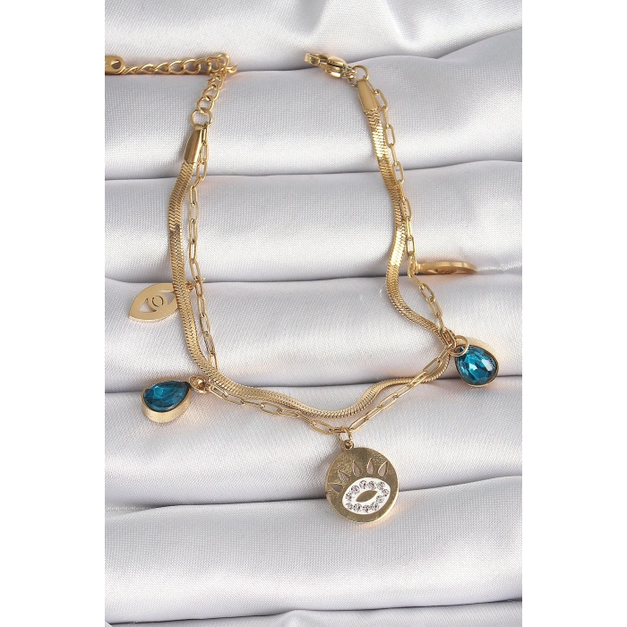 Erb 316L Çelik Gold Renk Zirkon Taşlı Göz İşleme Figür Kadın Bileklik