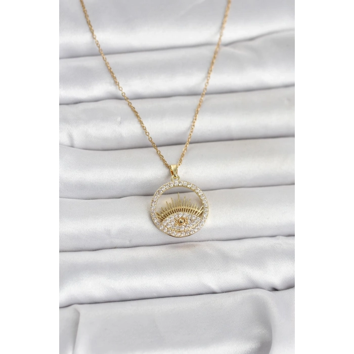 Erb 316L Çelik Gold Renk Zirkon Taşlı Göz Model Kadın Kolye