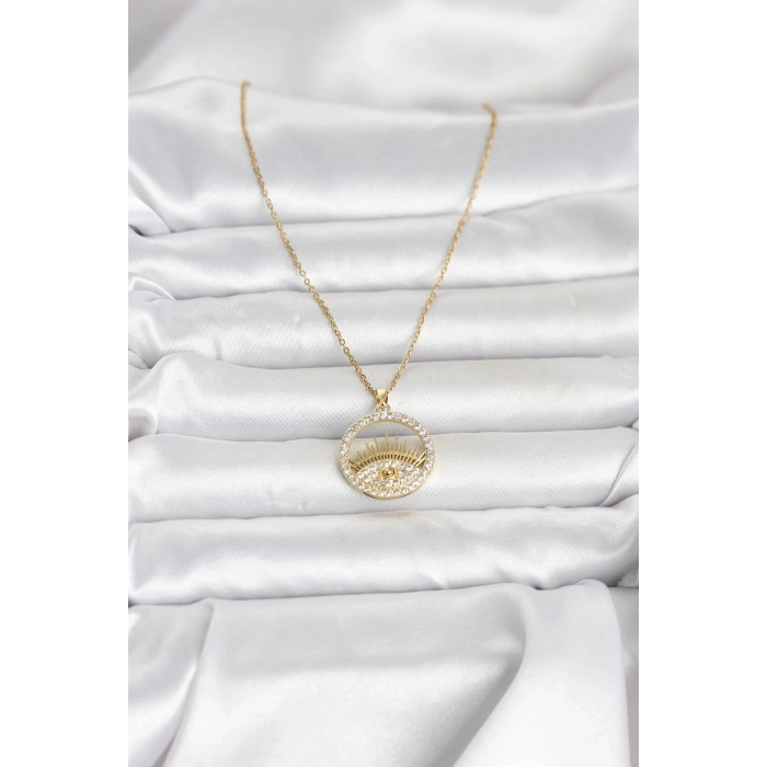 Erb 316L Çelik Gold Renk Zirkon Taşlı Göz Model Kadın Kolye