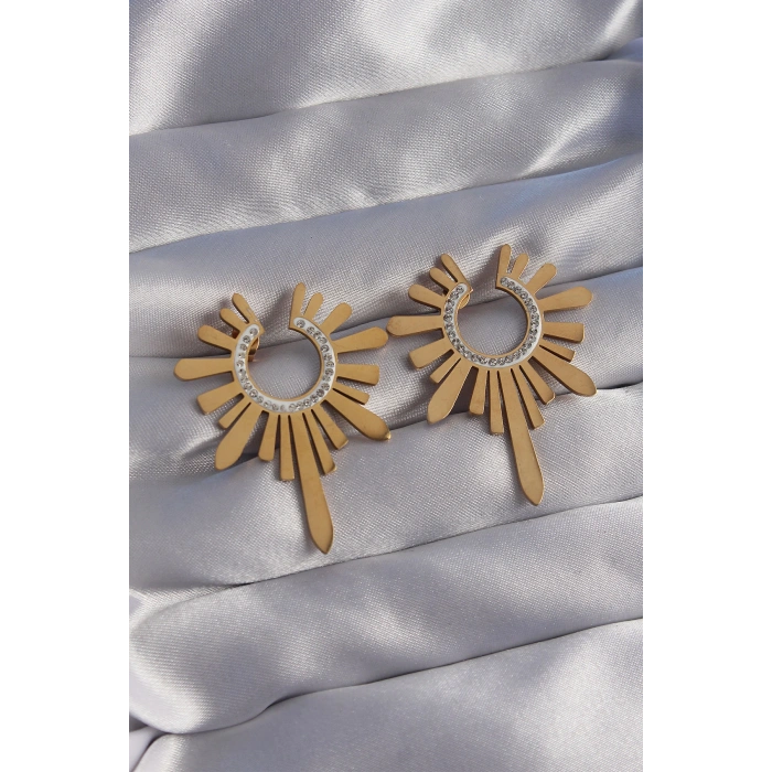 Erb 316L Çelik Gold Renk Zirkon Taşlı Güneş Figürlü Küpe