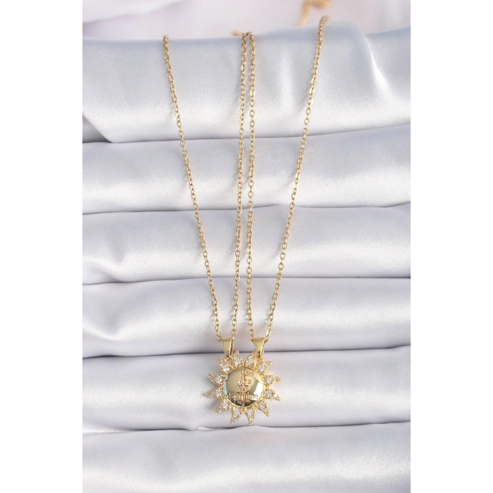 Erb 316L Çelik Gold Renk Zirkon Taşlı Güneş Model İşleme Yazı Detay Arkadaş Kolyesi