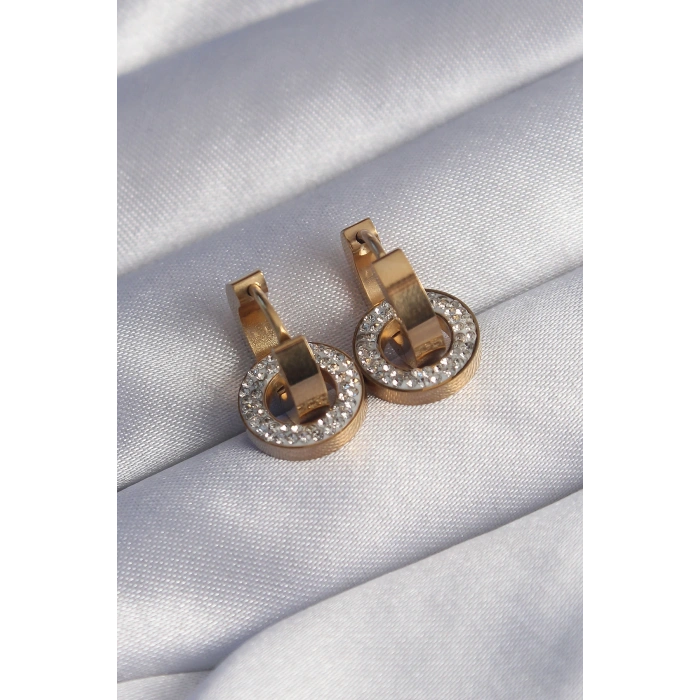 Erb 316L Çelik Gold Renk Zirkon Taşlı İç İçe Geçmeli Oval Küpe