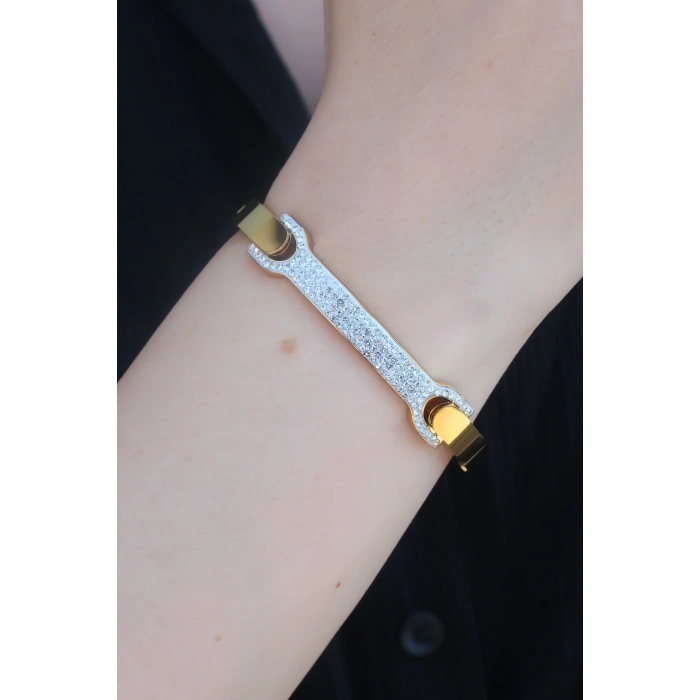 Erb 316L Çelik Gold Renk Zirkon Taşlı Kadın Kelepçe