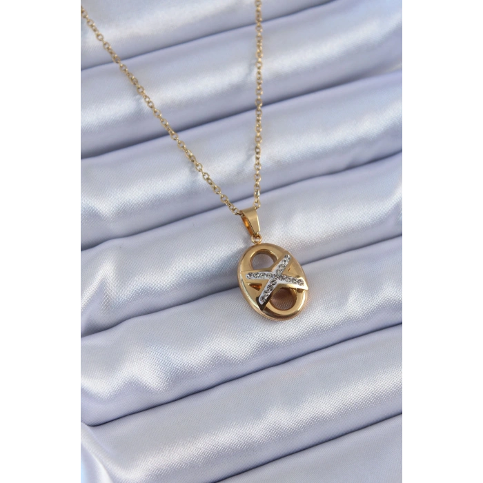 Erb 316L Çelik Gold Renk Zirkon Taşlı Kadın Kolye