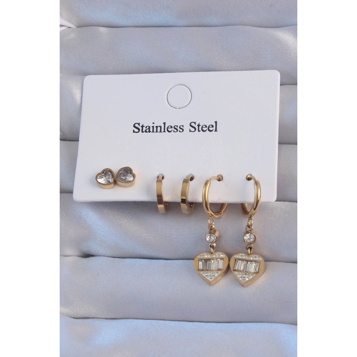 Erb 316L Çelik Gold Renk Zirkon Taşlı Kalp Model Halka Küpe Seti