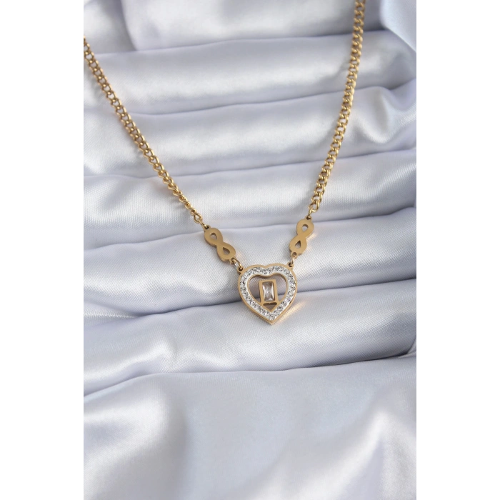 Erb 316L Çelik Gold Renk Zirkon Taşlı Kalp Model Sonsuzluk Detay Kadın Kolye