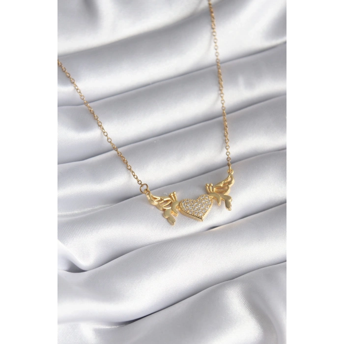 Erb 316L Çelik Gold Renk Zirkon Taşlı Kanatlı Kalp Model Kadın Kolye