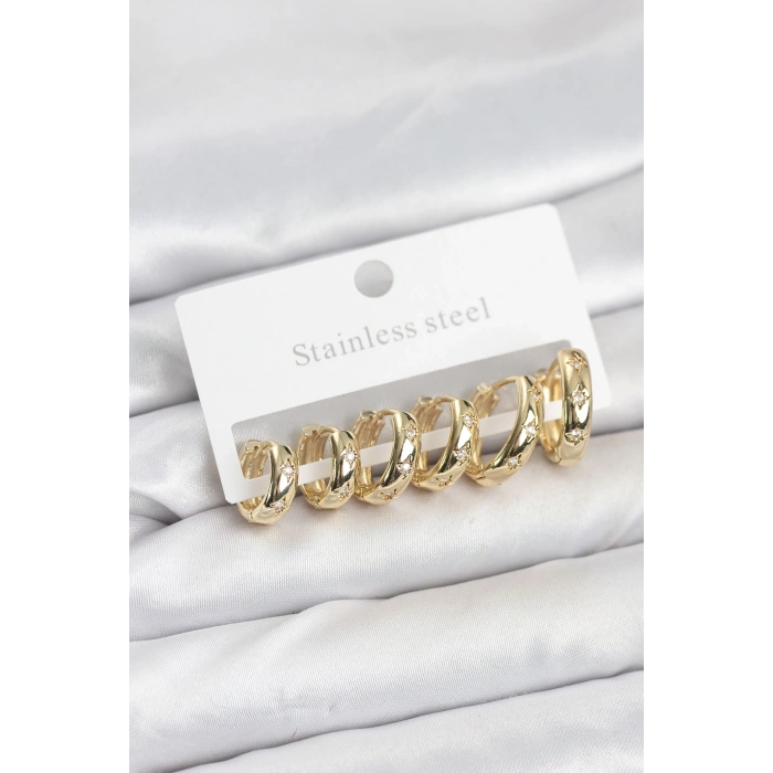 Erb 316L Çelik Gold Renk Zirkon Taşlı Kutup Yıldızı Model Halka Küpe Seti