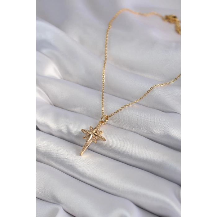 Erb 316L Çelik Gold Renk Zirkon Taşlı Kutup Yıldızı Model Kadın Kolye