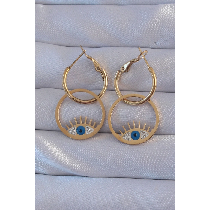 Erb 316L Çelik Gold Renk Zirkon Taşlı Mavi Göz Tasarımlı Halka Küpe