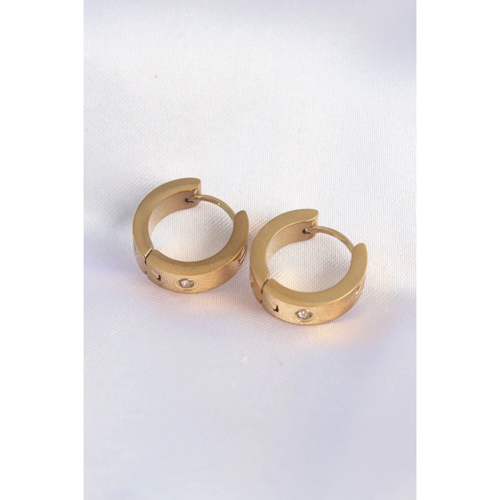 Erb 316L Çelik Gold Renk Zirkon Taşlı Minimal Model Halka Küpe
