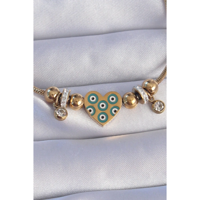Erb 316L Çelik Gold Renk Zirkon Taşlı Nazarlı Kalp Tasarımlı Bileklik